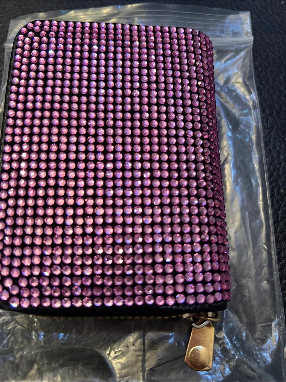 CARD HOLDER with PURPLE CRYSTALS, 11 SLOTS and ZIP CLOSE.